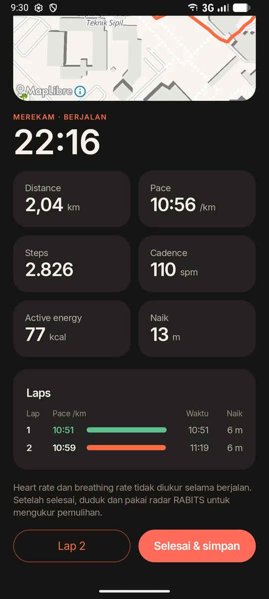 Layar saat merekam jalan: waktu 22:16, distance 2,04 km, pace 10:56 per km, 2.826 steps.