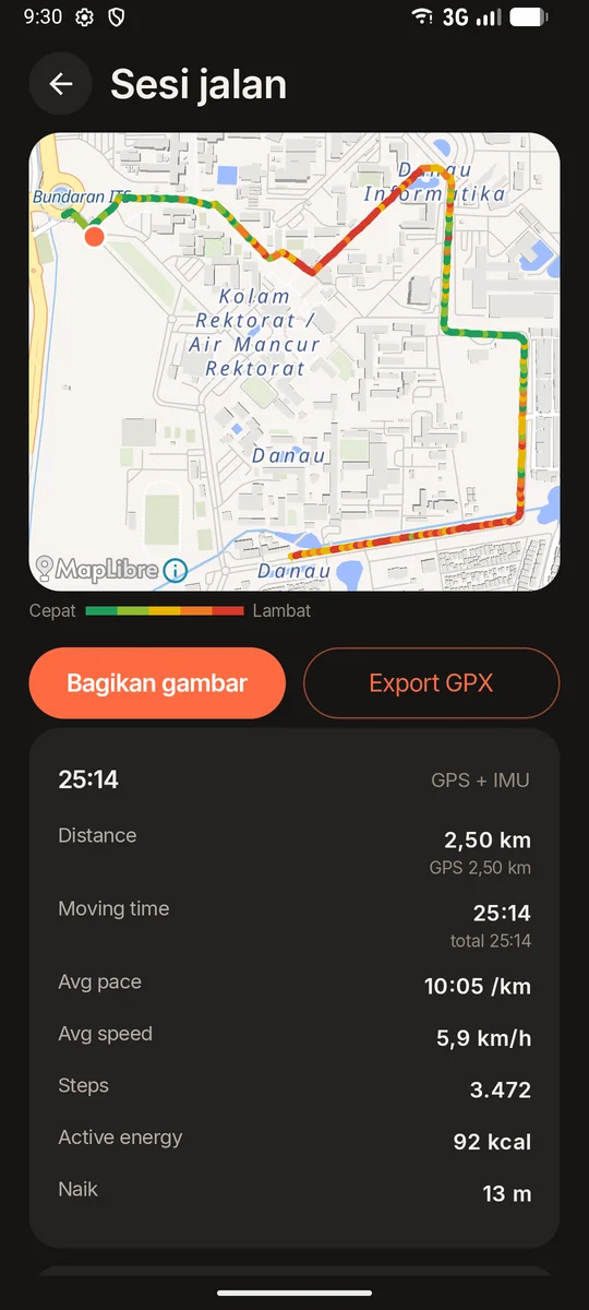 Layar hasil sesi jalan dengan peta rute berwarna dan tombol Bagikan gambar serta Export GPX.